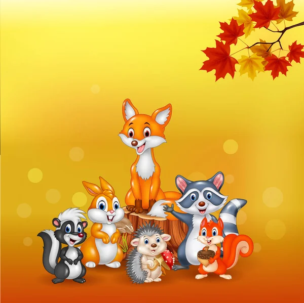 Vector Illustration Cartoon Wild Animals Autumn Background — Stock Vector