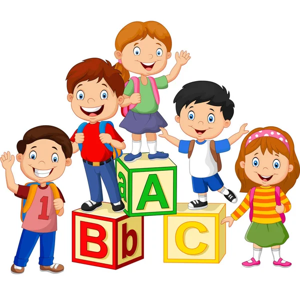 アルファベットブロックを持つハッピースクールの子供たちのベクトルイラスト — ストックベクタ