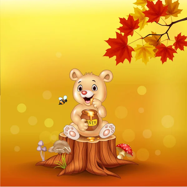 Vektor Illustration Tecknad Baby Bear Holding Honey Pot Stubbe — Stock vektor