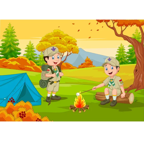 Illustrazione Vettoriale Cartoon Scout Con Tenda Fuoco Campo — Vettoriale Stock