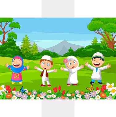 Parkta oynayan Mutlu Müslüman Çocuklar Vektör illüstrasyon