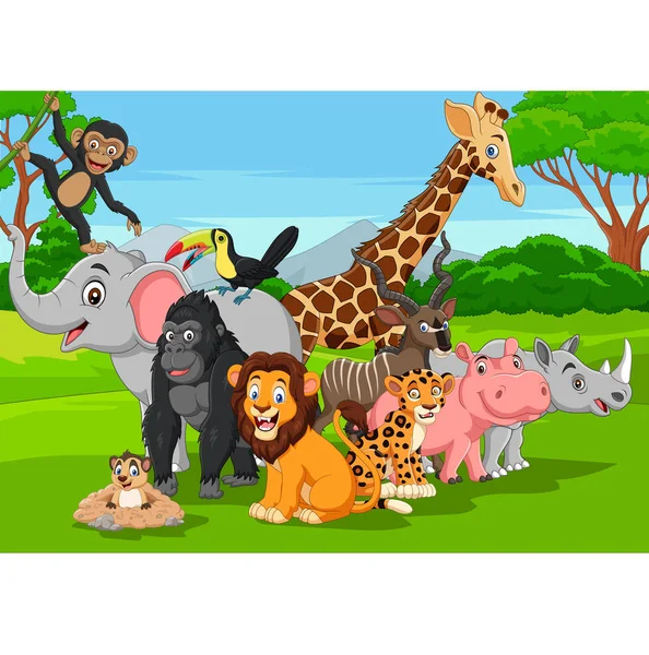 Illustration Vectorielle Animaux Sauvages Bande Dessinée Dans Jungle — Image vectorielle