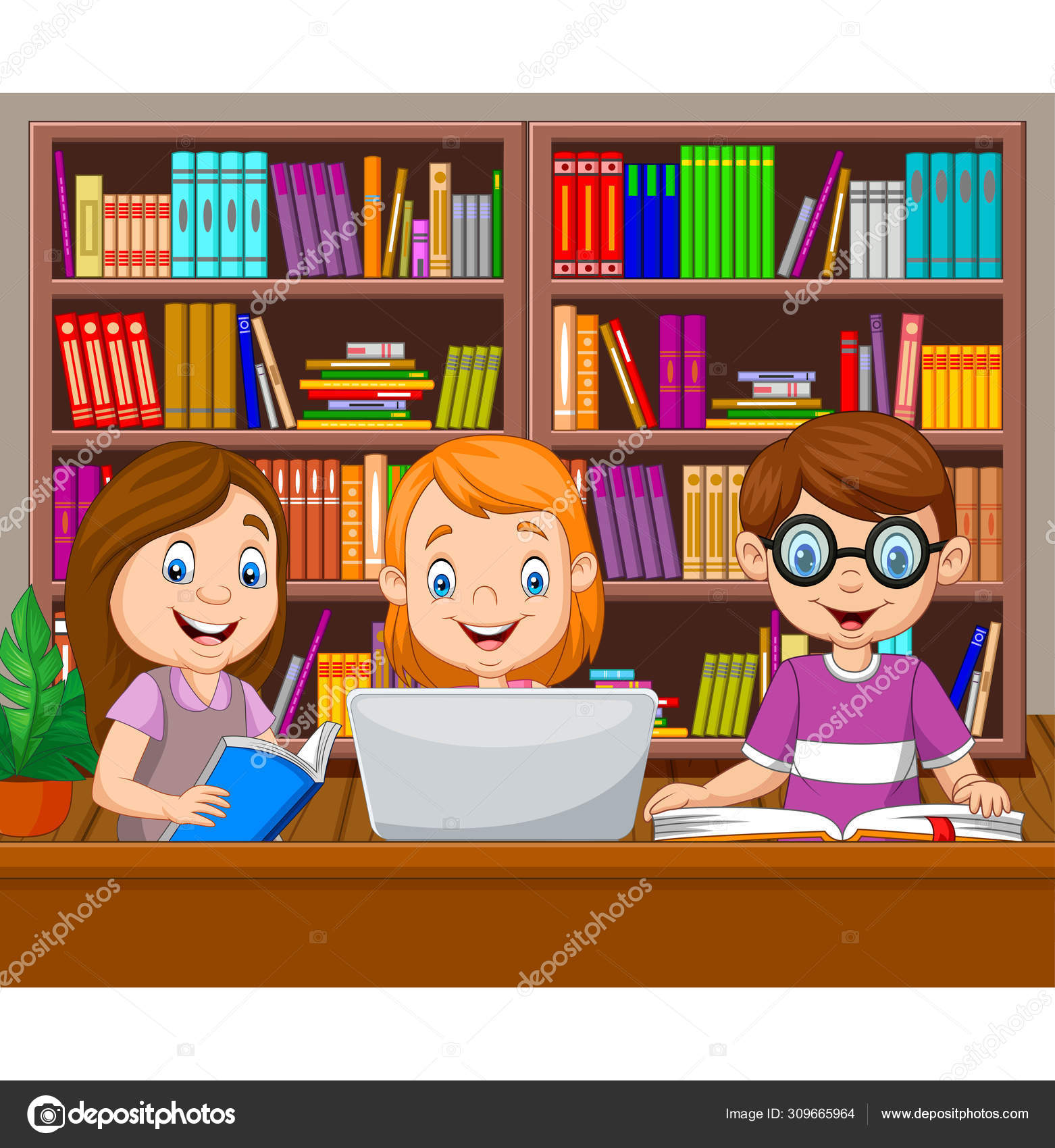Illustration Vectorielle Enfants Bande Dessinée Étudiant Bibliothèque