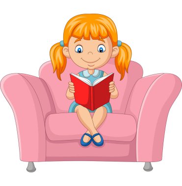 Karikatür küçük kız kanepede oturan bir kitap okuma Vektör illüstrasyon
