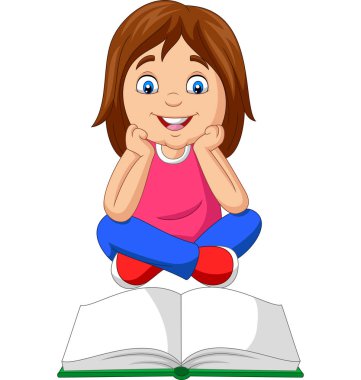 Karikatür küçük kız yerde oturan açık kitap okuma Vektör illüstrasyon