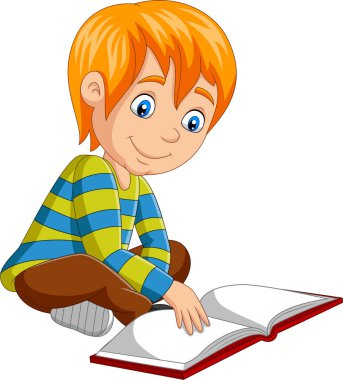 Karikatür küçük çocuk yerde oturan açık kitap okuma Vektör illüstrasyon