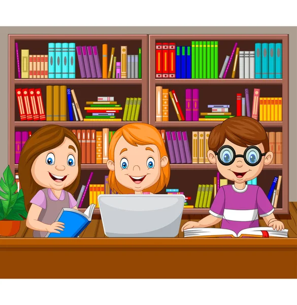 Wektor Ilustracji Cartoon Dzieci Studiujących Bibliotece — Wektor stockowy