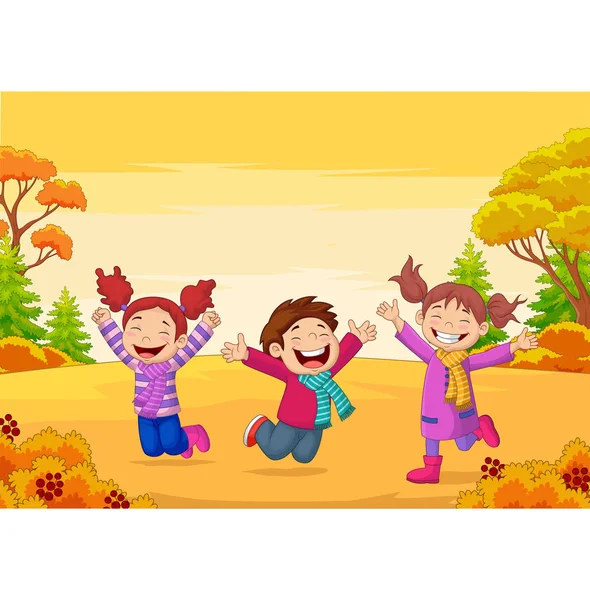 Ilustración Vectorial Niños Felices Saltando Sobre Fondo Otoñal — Archivo Imágenes Vectoriales