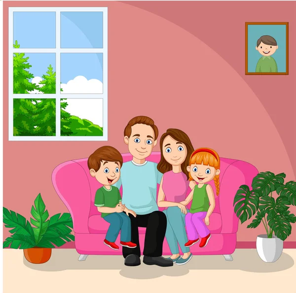 Ilustración Vectorial Familia Feliz Sentado Sofá — Vector de stock