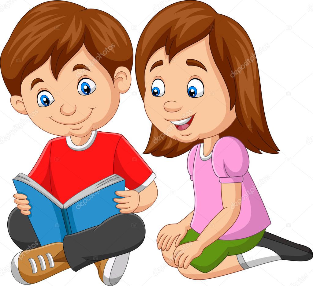 Vector illustration of Cartoon boy and girl reading book