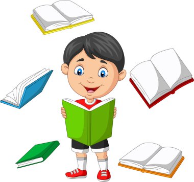 Küçük kızın büyük bir yastığın üzerinde oturmuş kitap okumasının vektör çizimi.