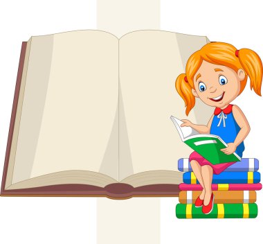 Kitap yığınının üzerinde oturmuş kitap okuyan küçük bir kızın vektör çizimi
