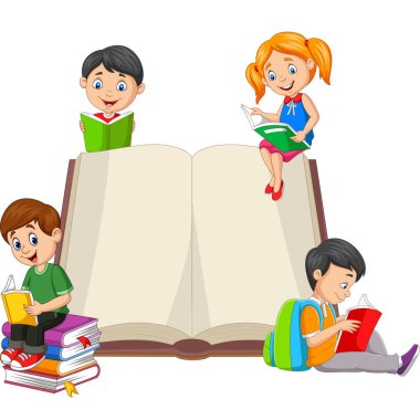 Kitap okuyan çocukların vektör illüstrasyonu