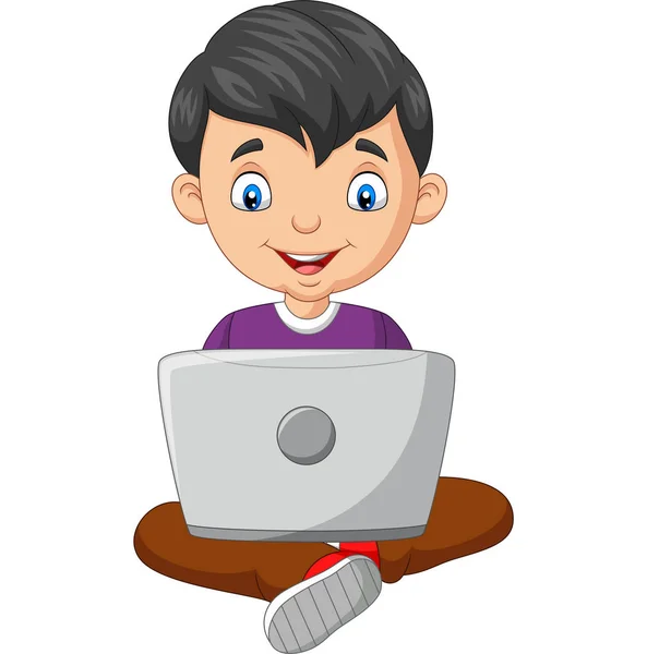 Ilustração Vetorial Menino Dos Desenhos Animados Usando Laptop — Vetor de Stock