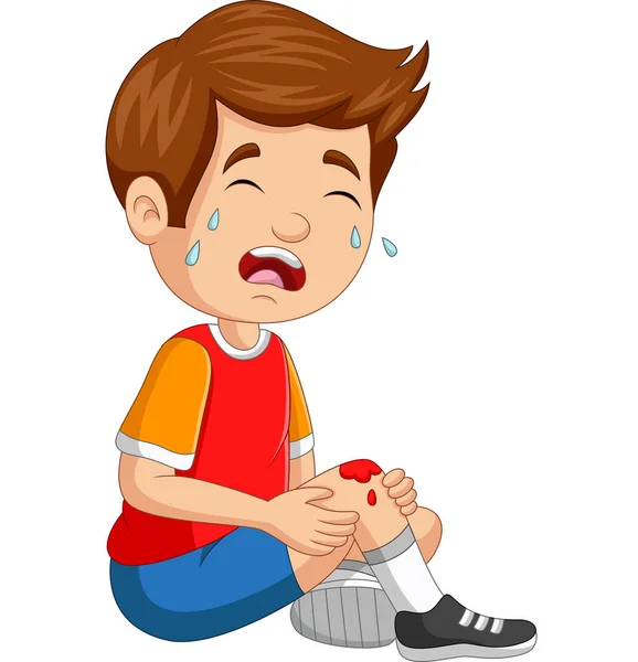 卡通小男孩擦伤膝盖哭泣的病媒图解 — 图库矢量图片