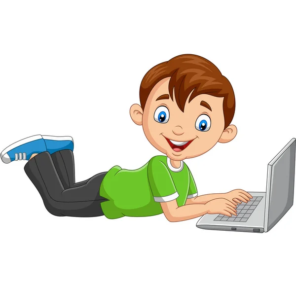 Vector Illustration Cartoon Boy Operating Laptop Laying Floor — Stock Vector