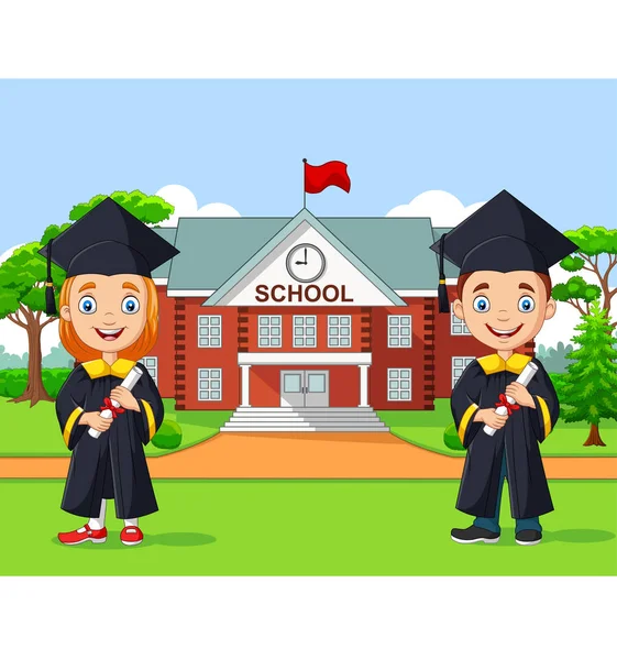 Vector Illustratie Van Schoolkinderen Afstuderen Voorkant Van Het Schoolgebouw — Stockvector