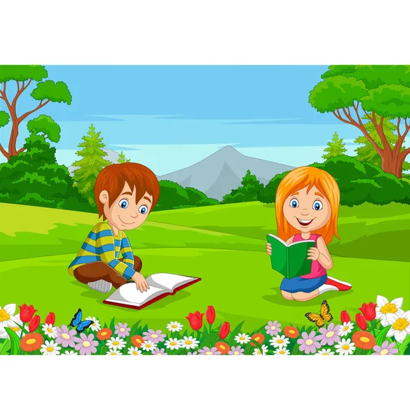 Illustrazione Vettoriale Cartoon Boy Girl Reading Books Nel Parco — Vettoriale Stock