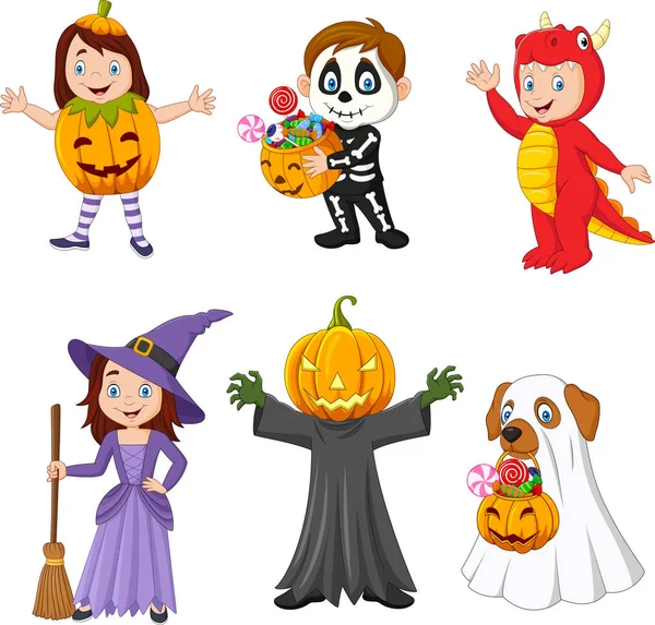 Wektor Ilustracja Kreskówki Szczęśliwe Dzieci Kostiumie Halloween — Wektor stockowy