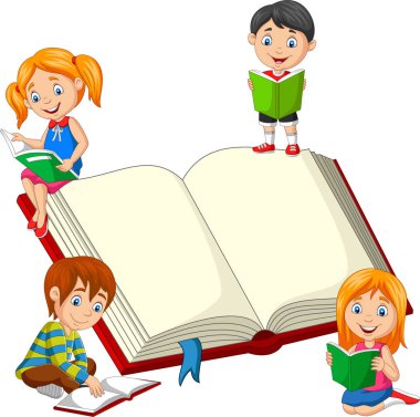 Kitap okuyan çocukların vektör illüstrasyonu
