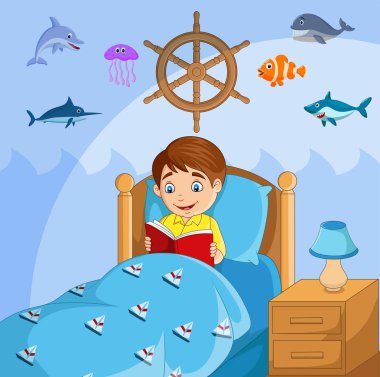 Vector illustration of Little boy reading a book in his bed clipart
