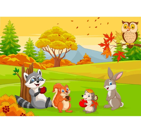 Ilustración Vectorial Animales Salvajes Dibujos Animados Bosque Otoñal — Vector de stock