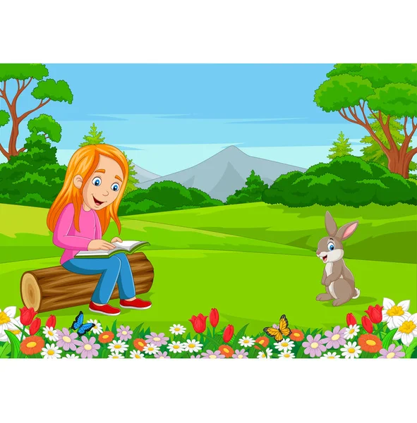 Εικονογράφηση Διάνυσμα Του Cartoon Κοριτσάκι Ανάγνωση Ενός Βιβλίου Στο Πάρκο — Διανυσματικό Αρχείο
