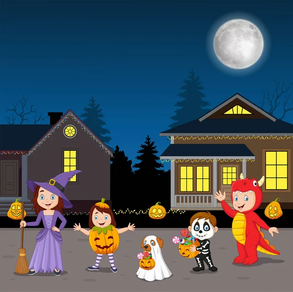 Illustration Vectorielle Happy Halloween Party Kids Portant Des Costumes — Image vectorielle