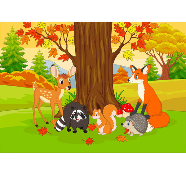 Vector illustration of Cartoon wild animals in the autumn forest