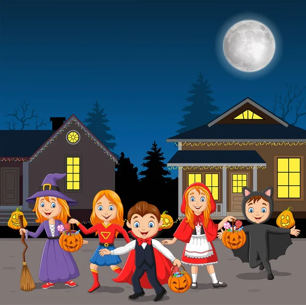 Wektor Ilustracja Happy Halloween Party Dzieci Kostiumach — Wektor stockowy