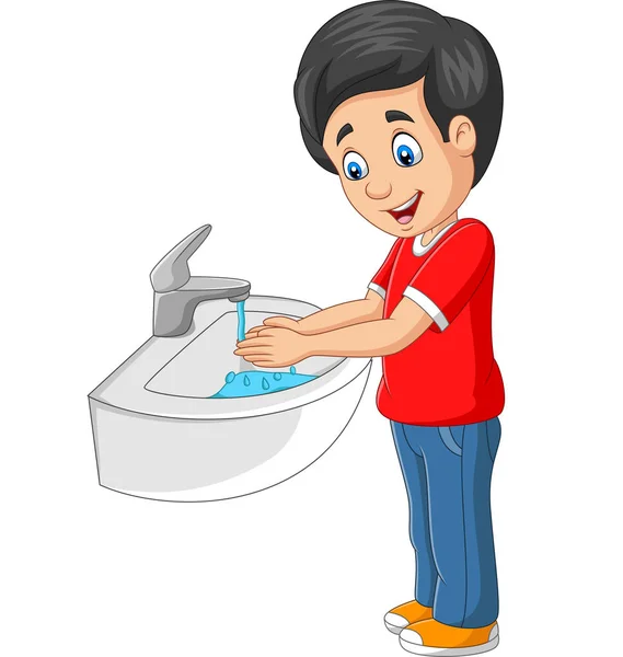 Wektor Ilustracja Mały Chłopiec Myje Ręce Białym Tle — Wektor stockowy
