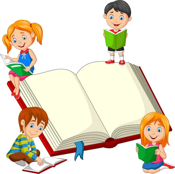 Vektorillustration Einer Gruppe Von Kindern Die Ein Buch Lesen — Stockvektor