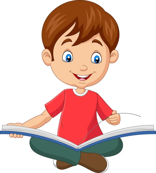 Niño Feliz Sentado Con Abrió Libro — Vector de stock