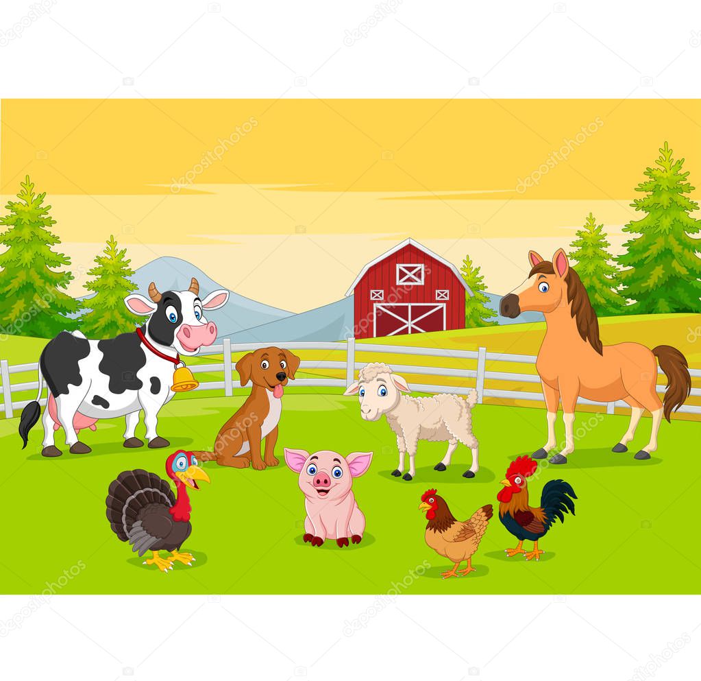 Vector illustration of Cartoon farm animals in the farming background