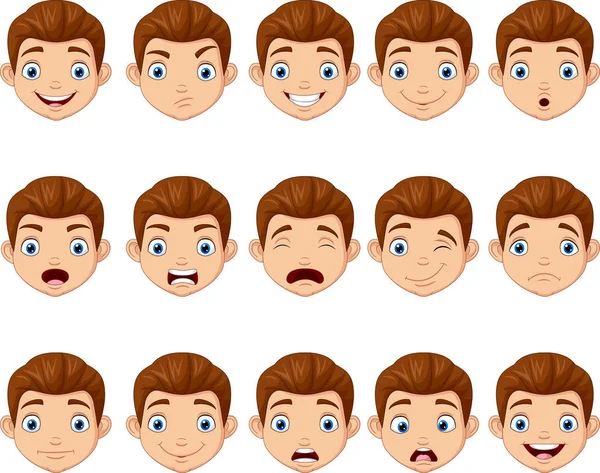 Vector Illustration Set Cartoon Children Head Different Face Expressions — Stock Vector