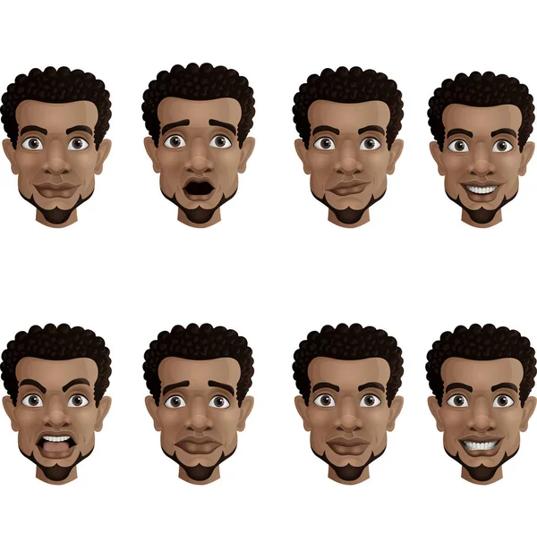 Erkek Yüz Duygularının Vektör Çizimi Farklı Yüz Ifadeleri Olan Siyahi — Stok Vektör
