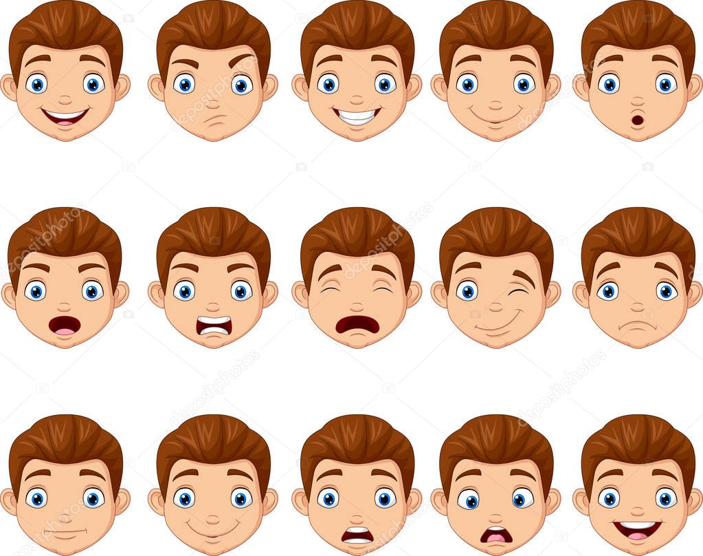 Vector illustration of Set of cartoon children head with different face expressions