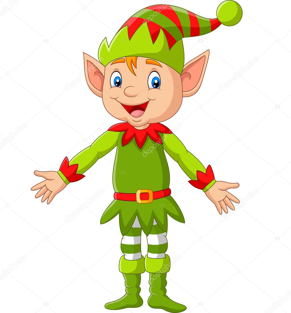 Vector illustration of Cartoon happy Christmas elf presenting