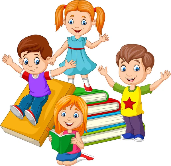 Ilustración Vectorial Niños Escuela Feliz Con Montones Libros — Vector de stock