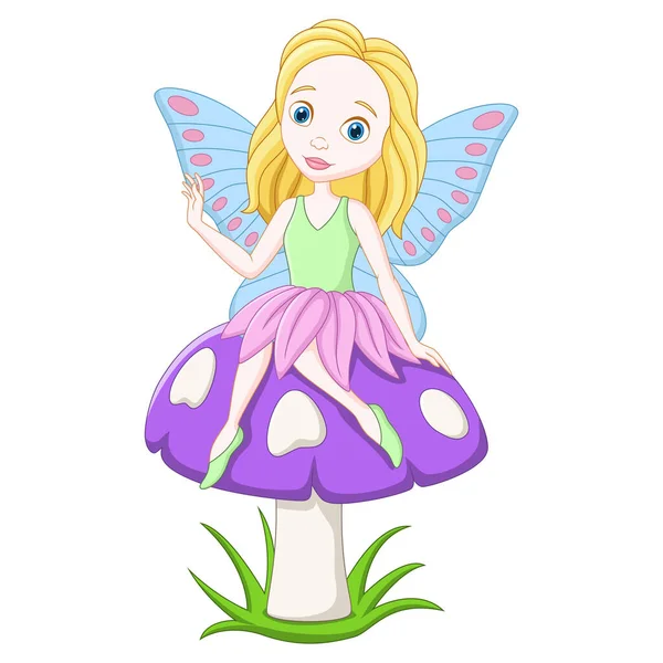 Vector Illustration Cartoon Fairy Sitting Mushroom — Stock Vector