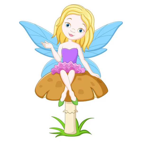 キノコの上に座って漫画の妖精のベクトルイラスト — ストックベクタ