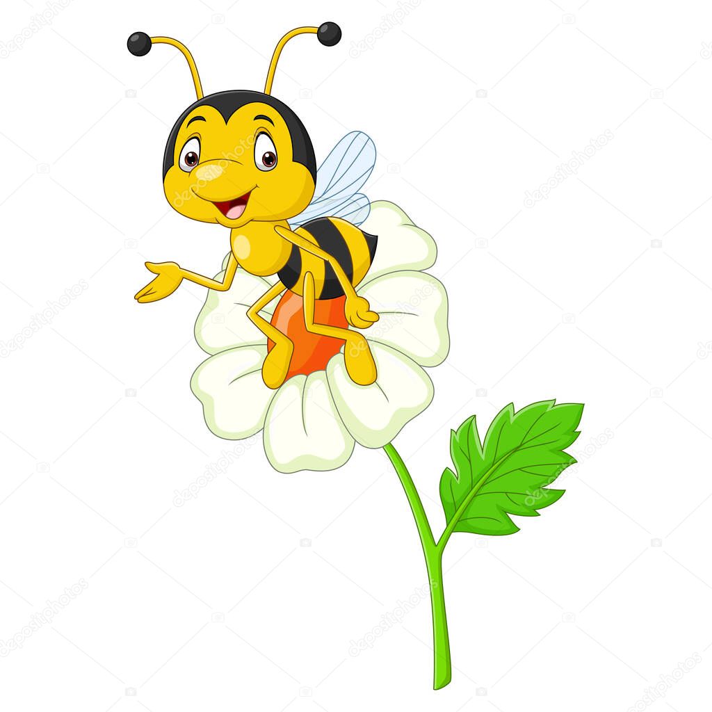 Vector illustration of Cartoon happy bee with a flower