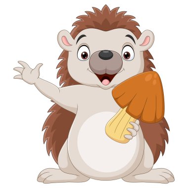 Çizgi filmde mantar tutan küçük kirpinin vektör çizimi