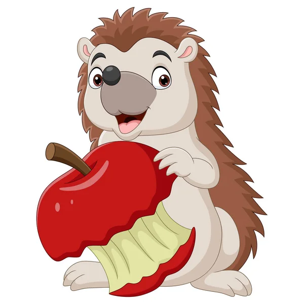 Vector Illustration Cartoon Little Hedgehog Holding Bitten Red Apple — Stock Vector