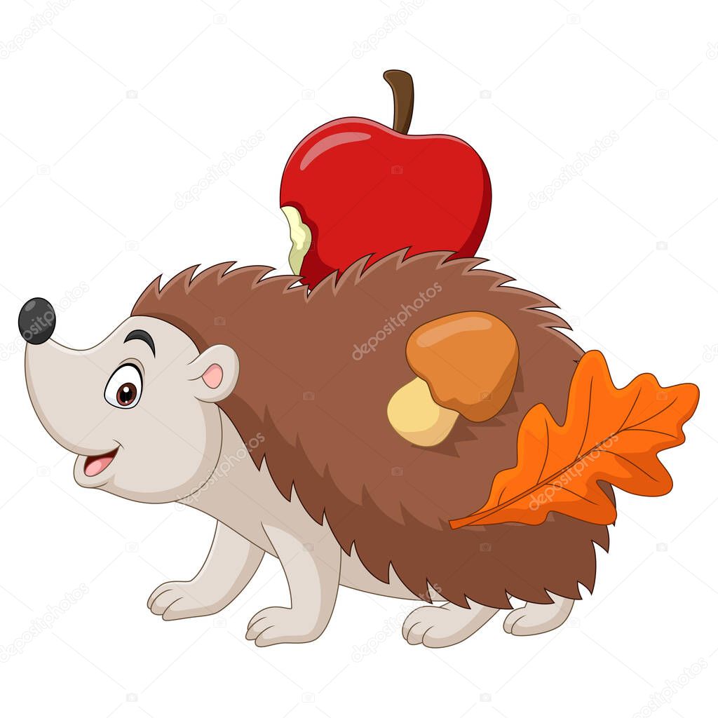 Vector illustration of Cartoon little hedgehog carries an apple with mushroom and leaf on his back