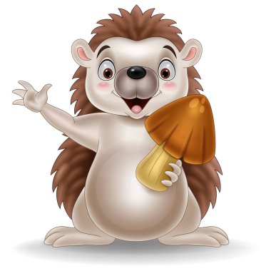 Çizgi filmde mantar tutan küçük kirpinin vektör çizimi