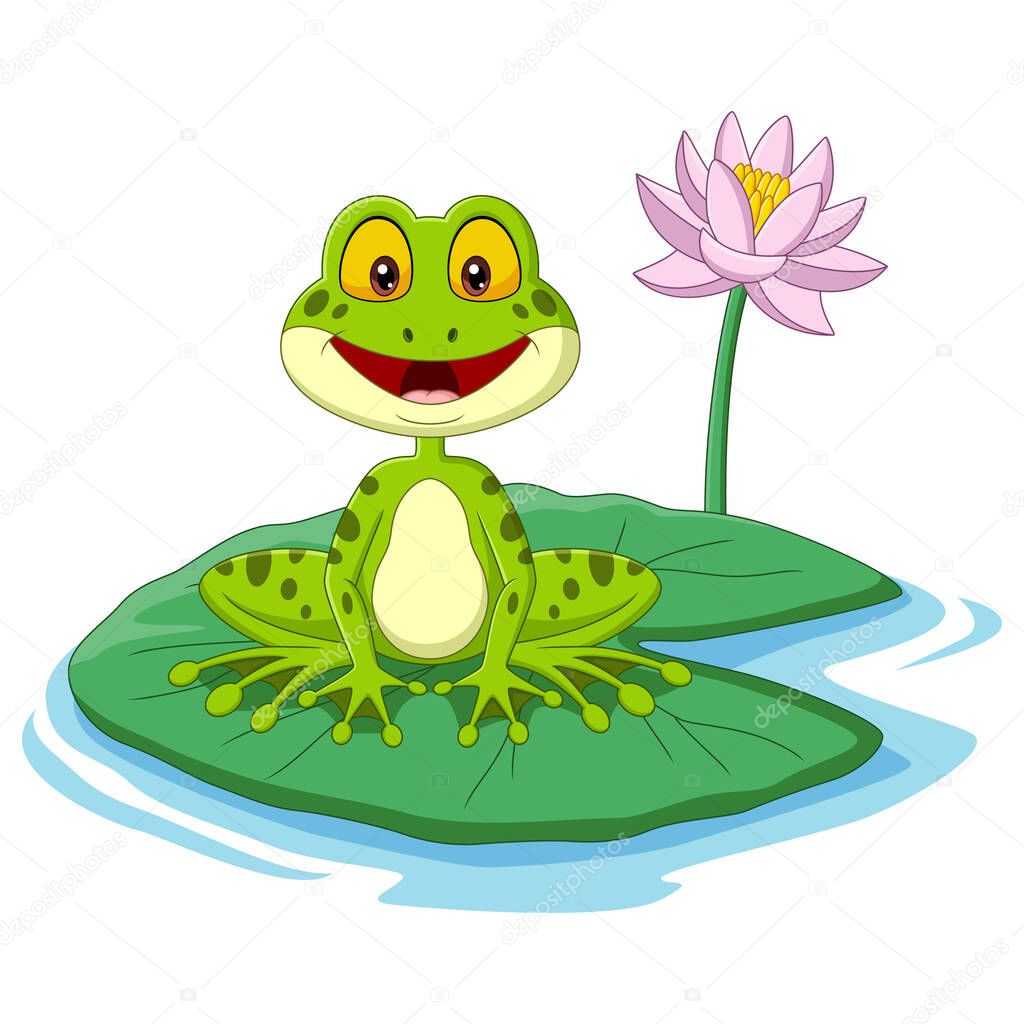 Vector illustration of Cartoon green frog sitting on a leaf