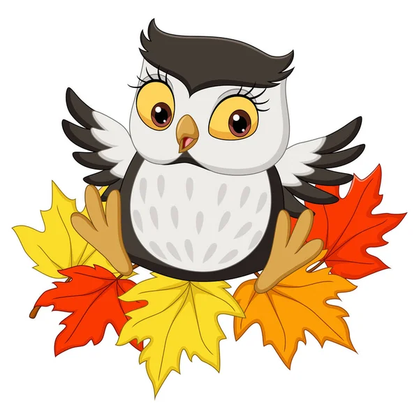 Vector Illustration Cute Owl Cartoon Sitting Autumn Leaves — Stock Vector