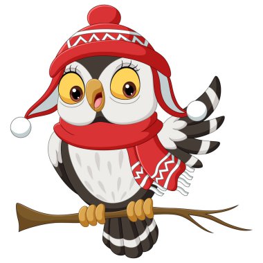 Ağaç dallarına atkı ve Noel şapkası takan sevimli baykuş çizgi filminin vektör çizimi