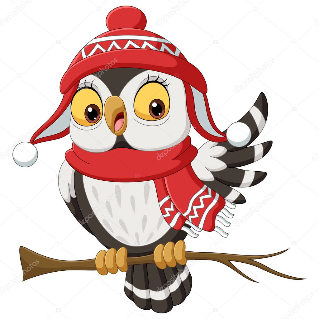 Vector illustration of Cute owl cartoon wearing a scarf and Christmas hat on tree branches
